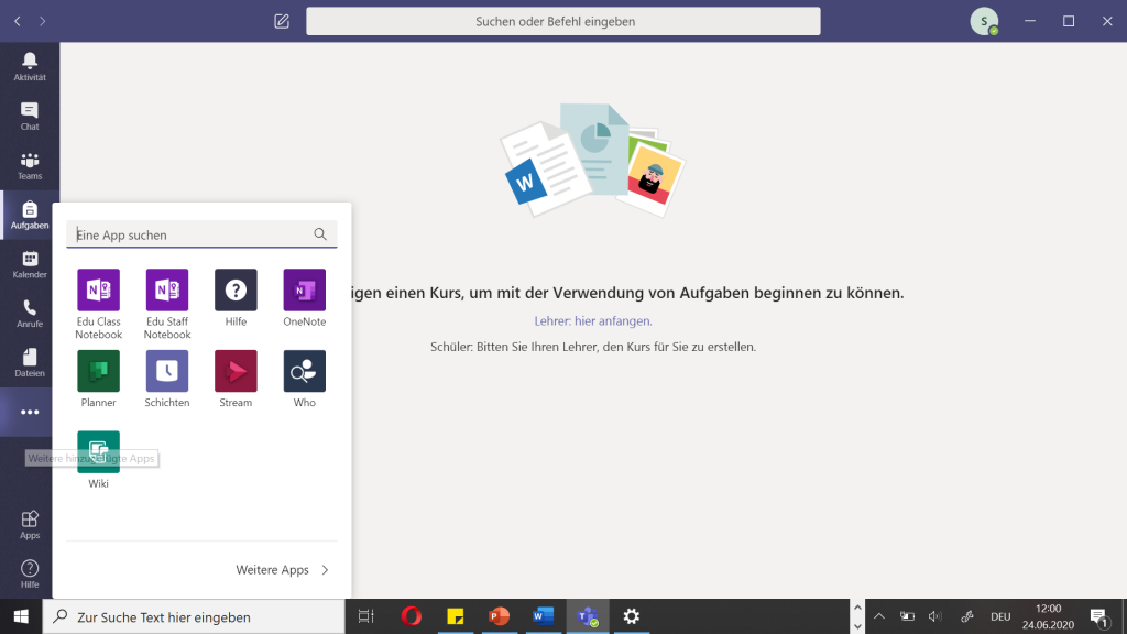 Textfeld: Auf der Startseite findet man in dieser Navigations-Leiste alle Funktionen, die Teams anbietet. Zu Beginn wird einem immer der Punkt „Aktivitäten“ angezeigt, bei dem man auf einem Blick sehen kann, welche Aufgaben noch zu erledigen sind, welche Meetings anstehen, etc.